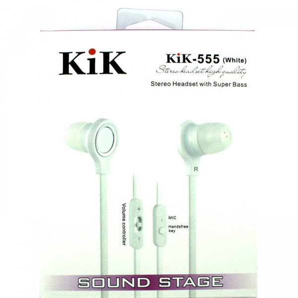 Wholesale KIK 555 Stereo Earphone Headset with Mic and Volume Control (555 White)